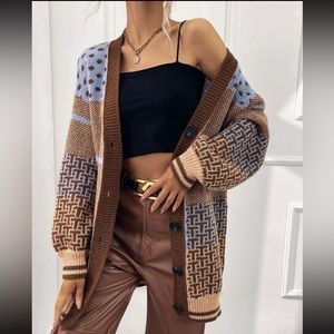 Shein Letter & Polka Dot Pattern Drop Shoulder Cardigan